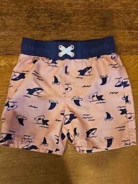 Cat & Jack Pink Swim Shorts with Navy Shark Print